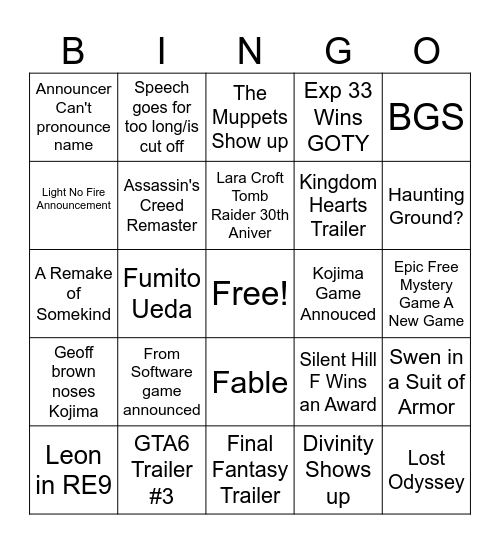 Game Awards Bingo Card