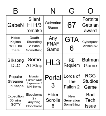 game award Bingo Card