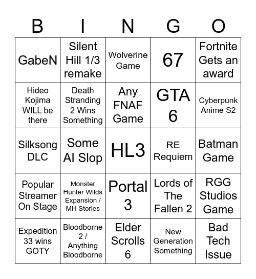 game award Bingo Card
