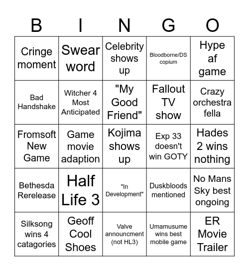 Game Awards 2025 Bingo Card