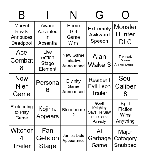 Game Awards Bingo Card