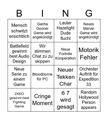 GameAwards Bingo Card