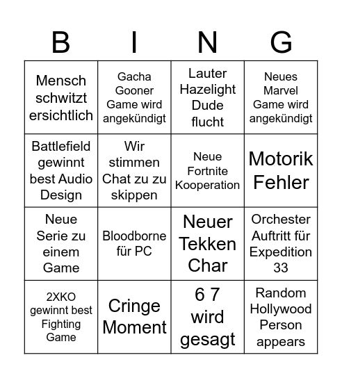 GameAwards Bingo Card