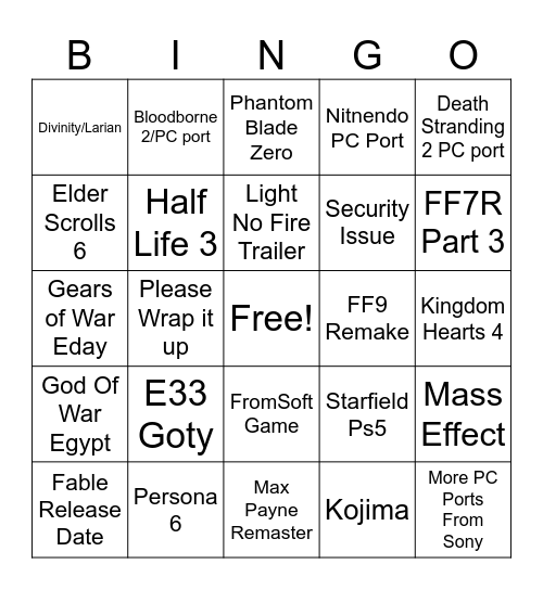Video Game Awards Bingo Card