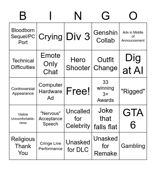 Game Awards Bingo Card