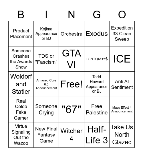 The Game Awards Bingo Card