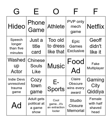 Game Awards 2025 Bingo Card