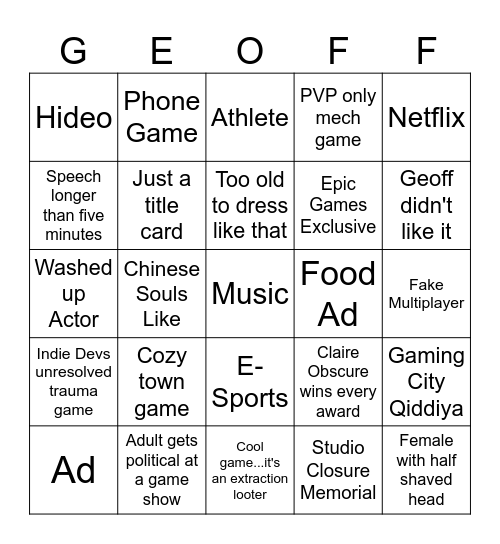 Game Awards 2025 Bingo Card