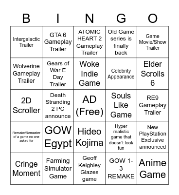 The Game Awards 2025 Bingo Card
