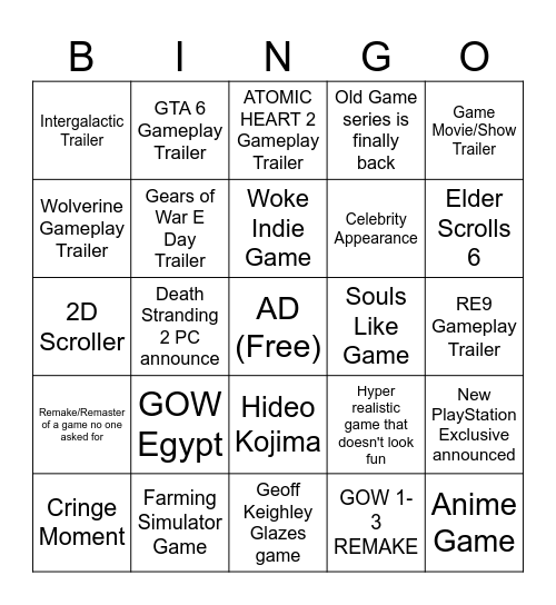 The Game Awards 2025 Bingo Card