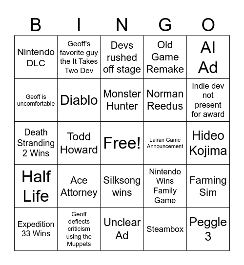 The Game Awards 2025 Bingo Card