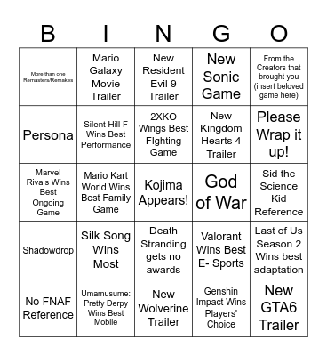 Game Awards 2025 BINGO Card