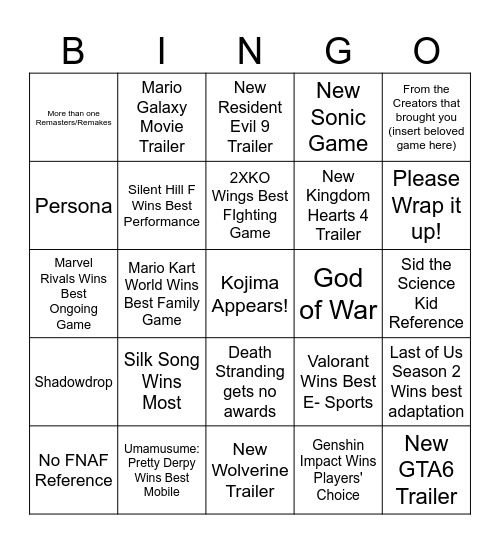 Game Awards 2025 BINGO Card