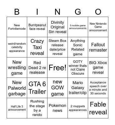 The Game Awards Bingo Card