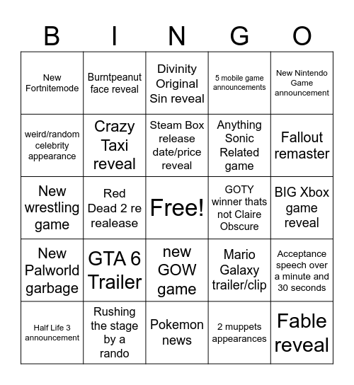 The Game Awards Bingo Card