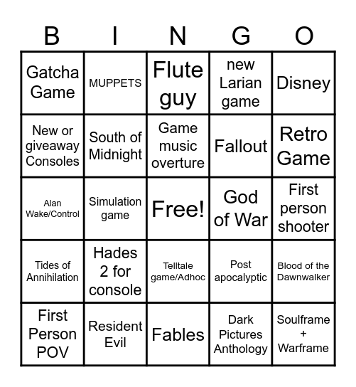 Game Awards 2025 Bingo Card