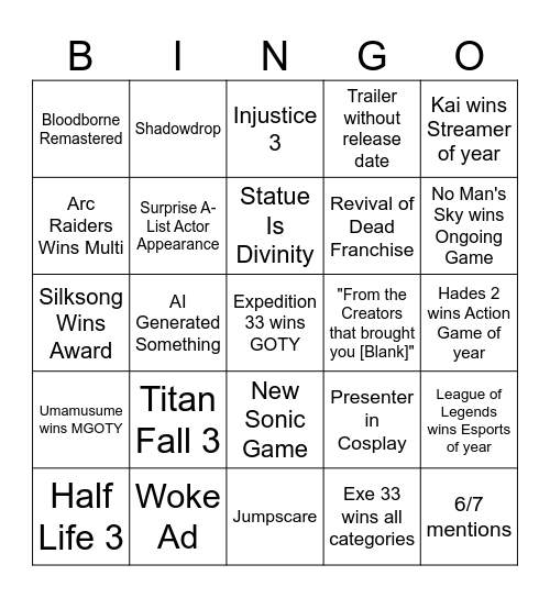 Game Awards Bingo Card