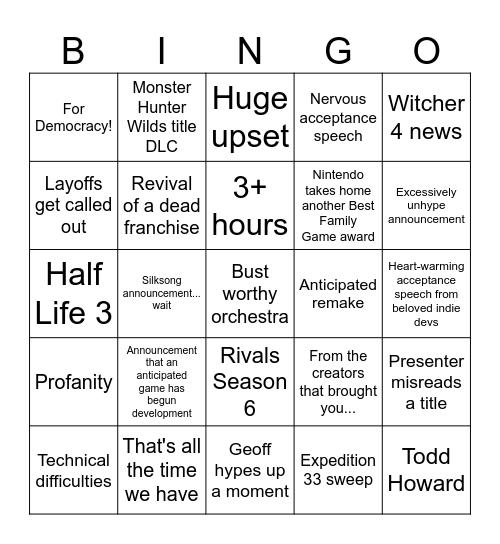 TGA 2025 Bingo Card