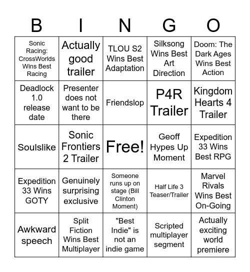 The Game Awards 2025 Bingo Card