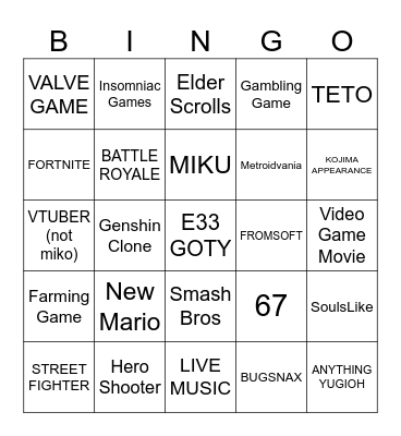 Game Awards Bingo Card
