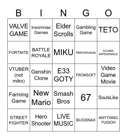 Game Awards Bingo Card