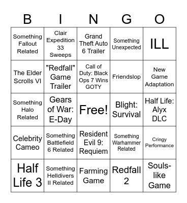 Game Awards 2025 Bingo Card