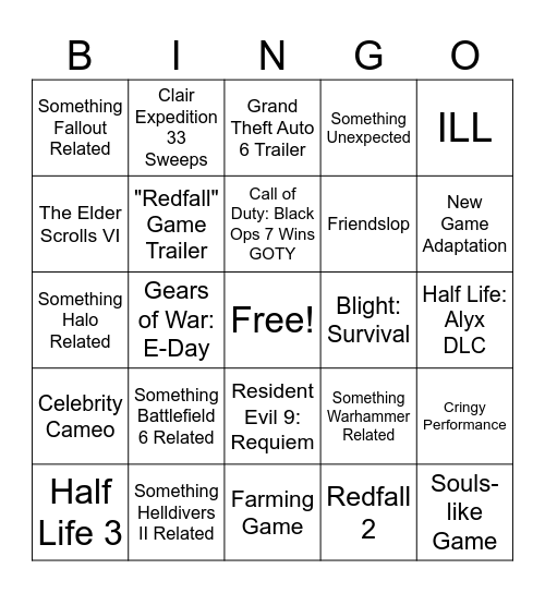 Game Awards 2025 Bingo Card