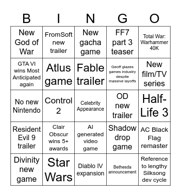 TGA 2025 Bingo Card