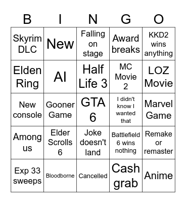 Game Awards Bingo Card