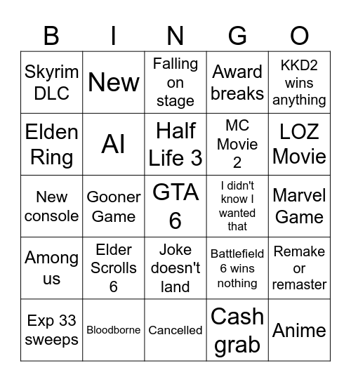 Game Awards Bingo Card