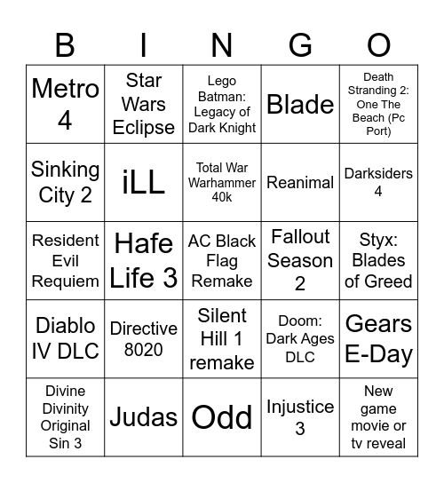 Game Awards BINGO 2025 Bingo Card