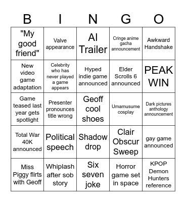 Game Awards 2025 Bingo Card