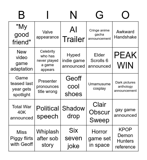 Game Awards 2025 Bingo Card