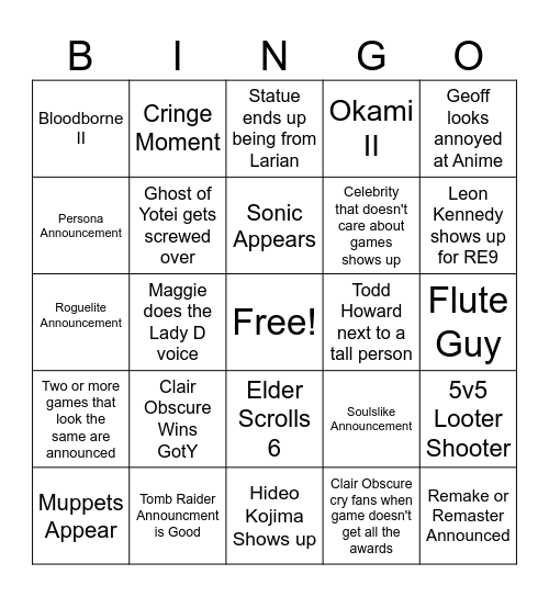 Game Awards Bingo Card