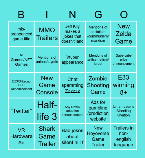 Probetariat's TGA Bingo Board Bingo Card