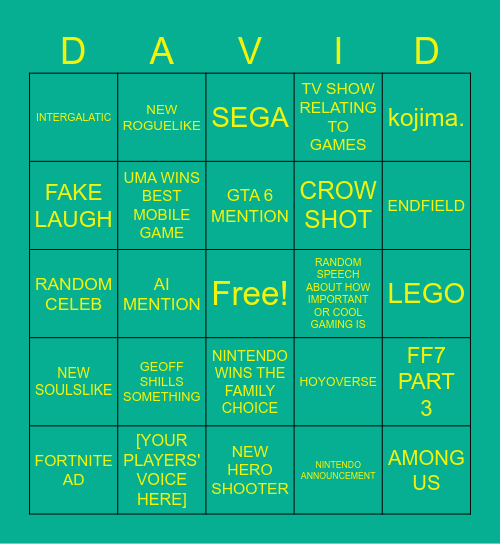 GAME AWARDS Bingo Card