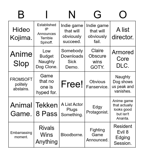 Game Awards 2025 Bingo Card