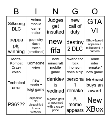 Game Awards Bingo Card