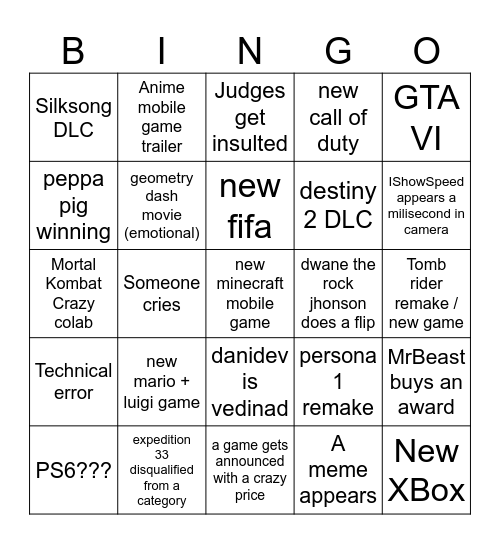 Game Awards Bingo Card