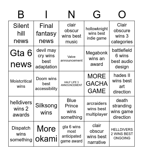 TGA bingo Card