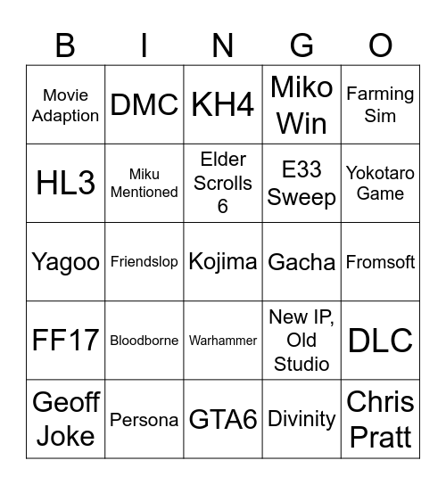 Holo Game Awards Bingo Card