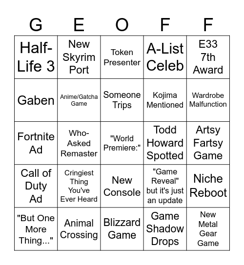 2025 Geoff Awards Bingo Card