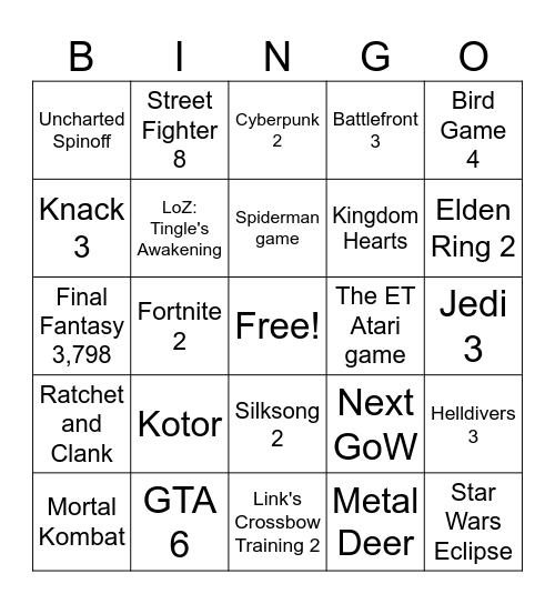 Game Awards Bingo Card