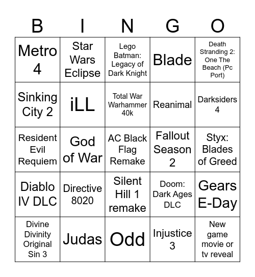 Game Awards BINGO 2025 Bingo Card