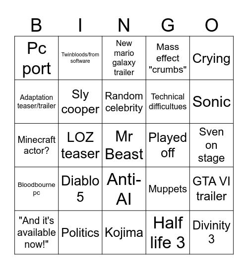 TGA 2025 Bingo Card