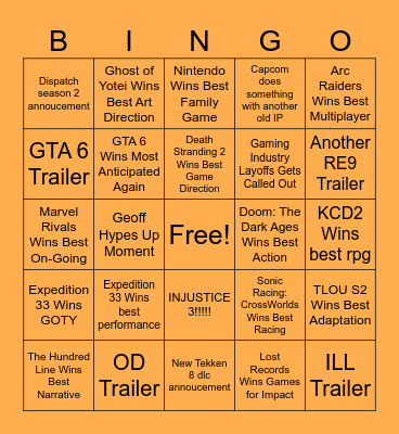 The Game Awards 2025 Bingo Card