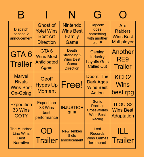 The Game Awards 2025 Bingo Card