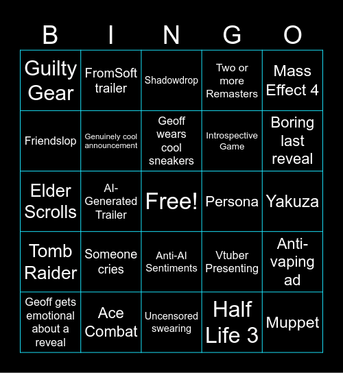 Game Awards 2025 Bingo Card
