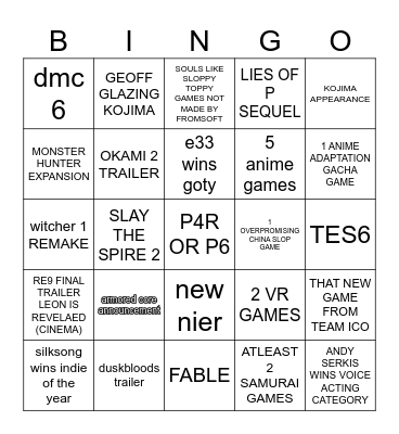 game awards Bingo Card