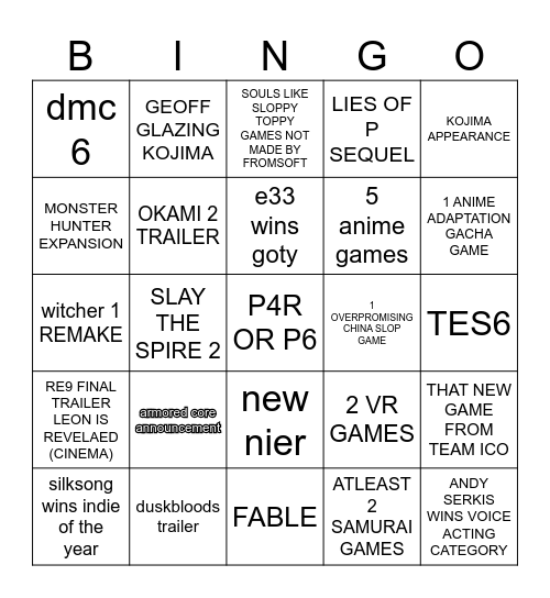 game awards Bingo Card